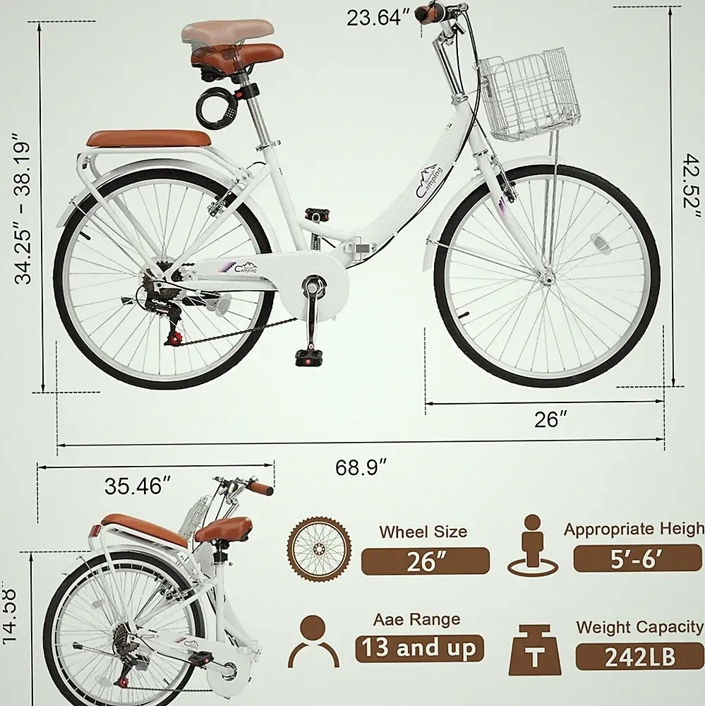 26 Inch Foldable Bike Folding Bicycle, 7 Speed Cruiser Bicycle for Adult Women