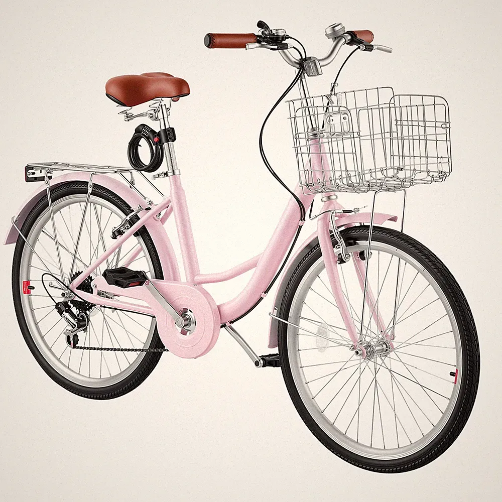 Uimoso 24" Beach Cruiser Bike 7-Speed City Bicycle with Basket for Women Ladies