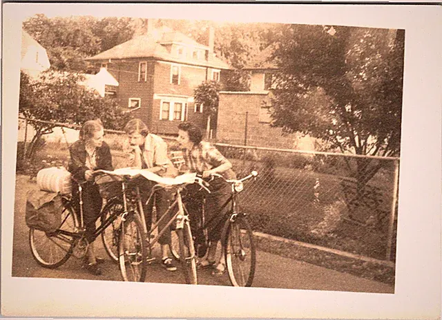 Vtg B&W Snapshot Three Women Bicycle Touring Map Reading Houses 1940s